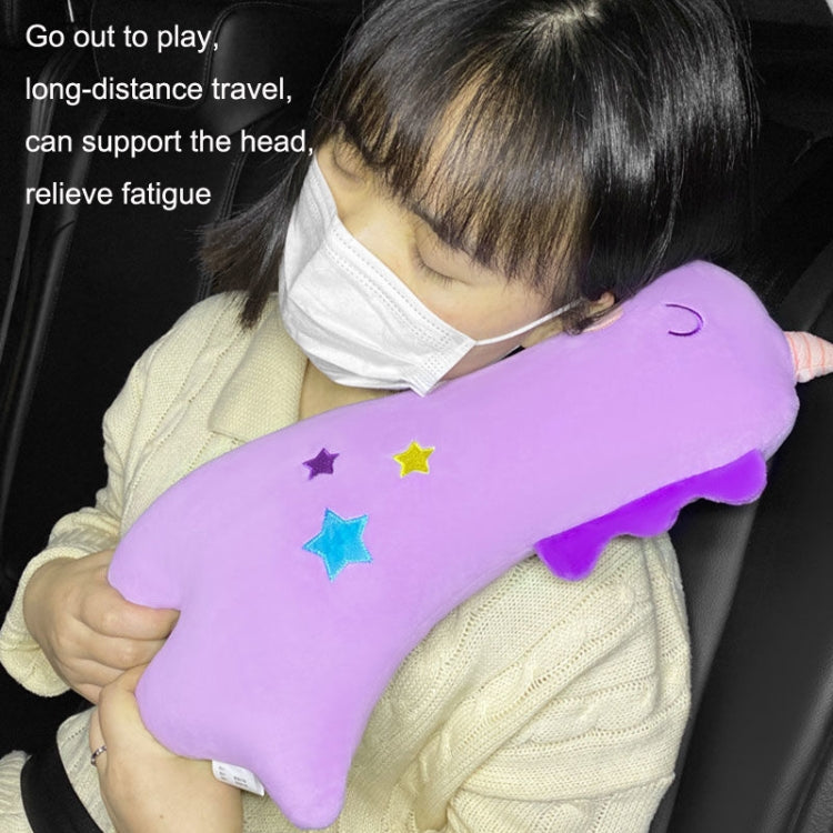 Purple star-pattern unicorn car seat belt shoulder pillow cover in car seat with child