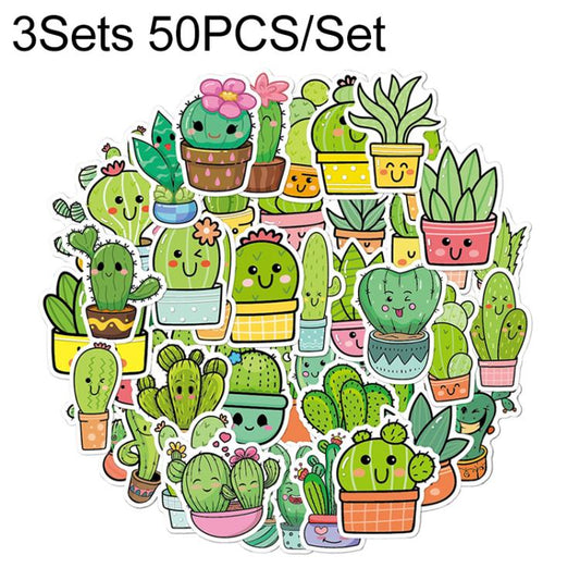 3 Sets 50PCS/Set Cartoon Cactus DIY Handbook Decorative Stickers Floral Laptop Waterproof Sticker, Cactus
