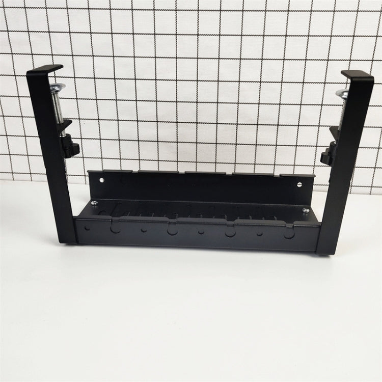 Black under-desk cable organizer tray with two vertical clamp mounts and slots