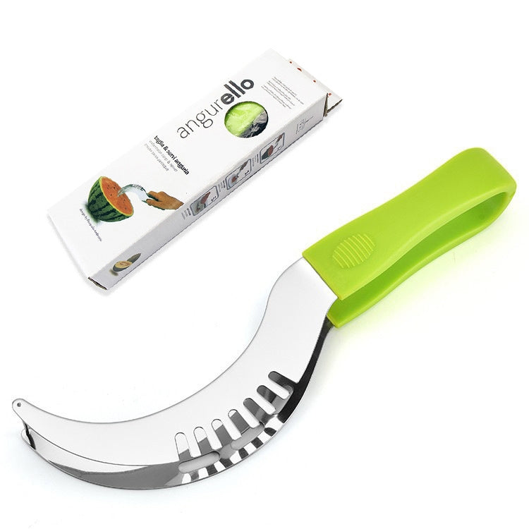 Stainless steel watermelon clip slicer with green handle, shown beside retail box
