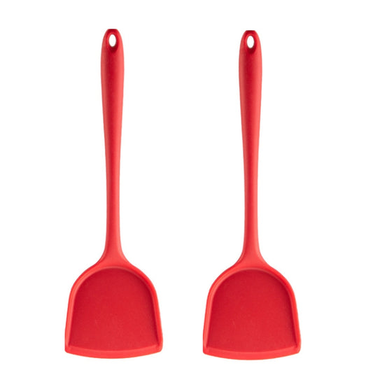 Red silicone spatula with loop handle, nonstick high-heat cooking utensil.