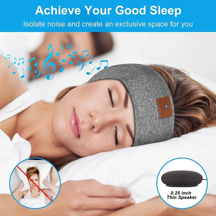 Gray sleep mask headband on sleeping person with thin speaker driver detail.
