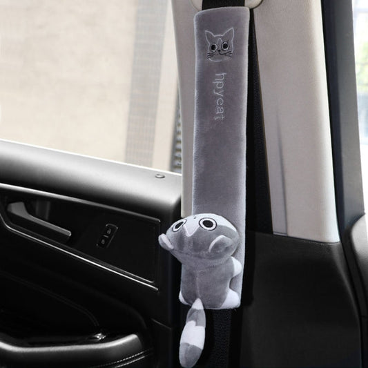 Gray cartoon cat plush seat belt anti-strangling cushion with soft padded strap and clasp