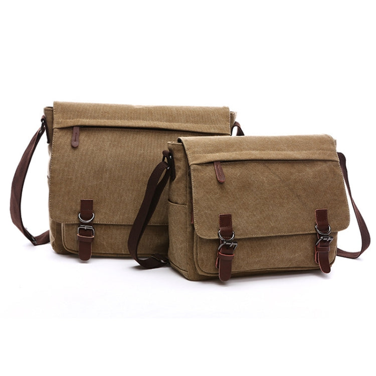 Two khaki canvas shoulder messenger bags side by side with flap and buckle straps