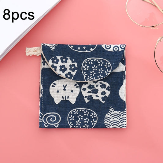 8pcs Cotton and Linen Sanitary Napkin Storage Bag Handy Clutch Bag, Black Tree, Black -bottomed White Tree, Gray Camel, Lucky Cat, Leaves, Blue Cat, Turtle, Elephant, Block, Waves, Owl