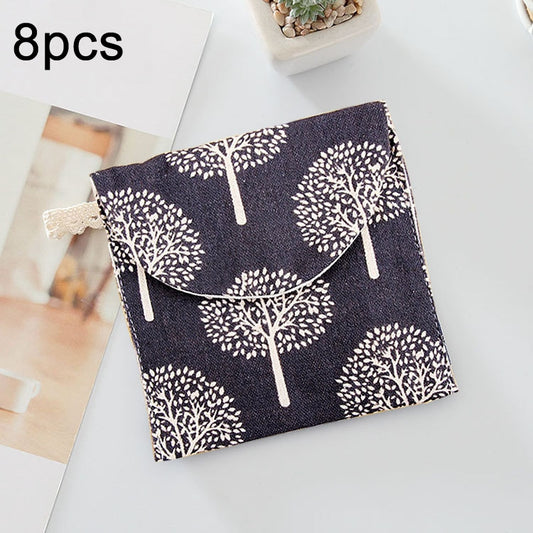 8pcs Cotton and Linen Sanitary Napkin Storage Bag Handy Clutch Bag, Black Tree, Black -bottomed White Tree, Gray Camel, Lucky Cat, Leaves, Blue Cat, Turtle, Elephant, Block, Waves, Owl