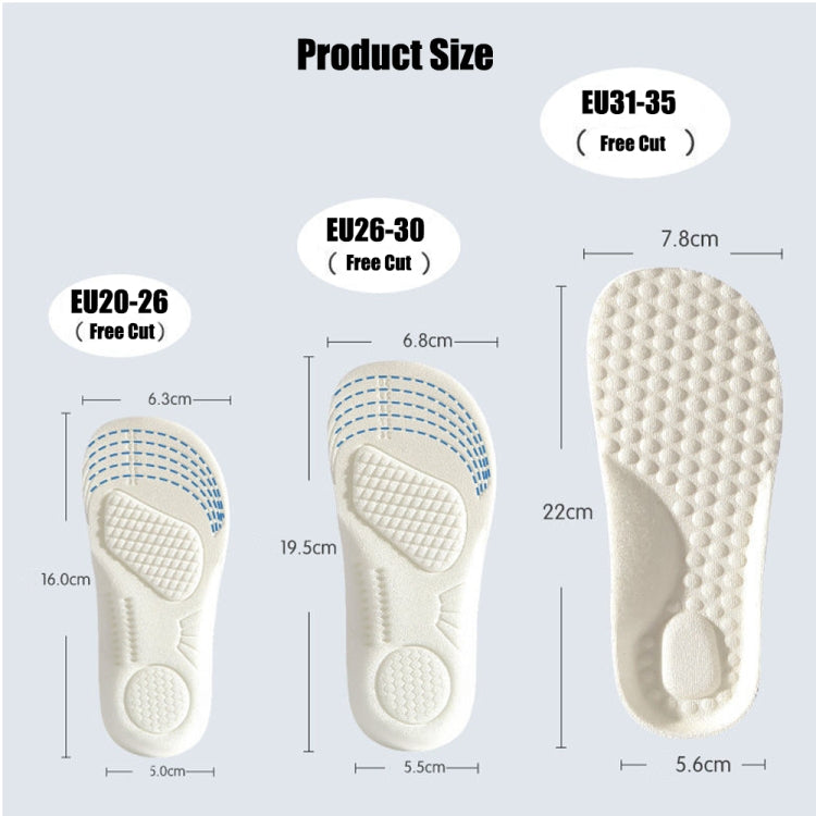 Children foam insole size chart: EU20-26, EU26-30, EU31-35; cut to fit