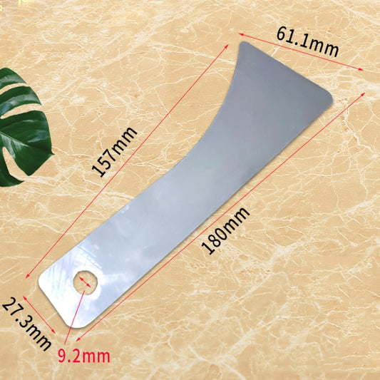 Stainless steel curved wedge trim tool with circular hole for prying