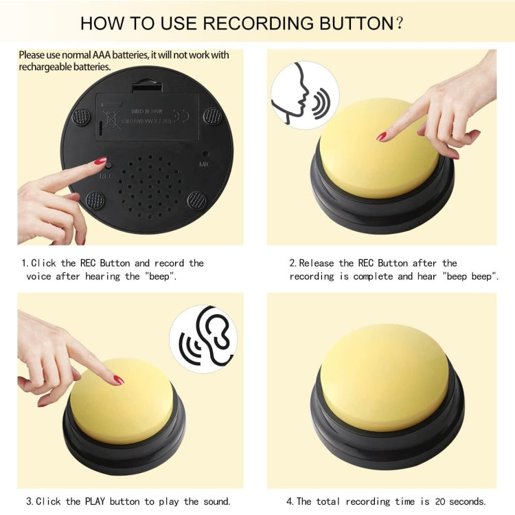 Close-up of a yellow dog voice recording button on a black base.