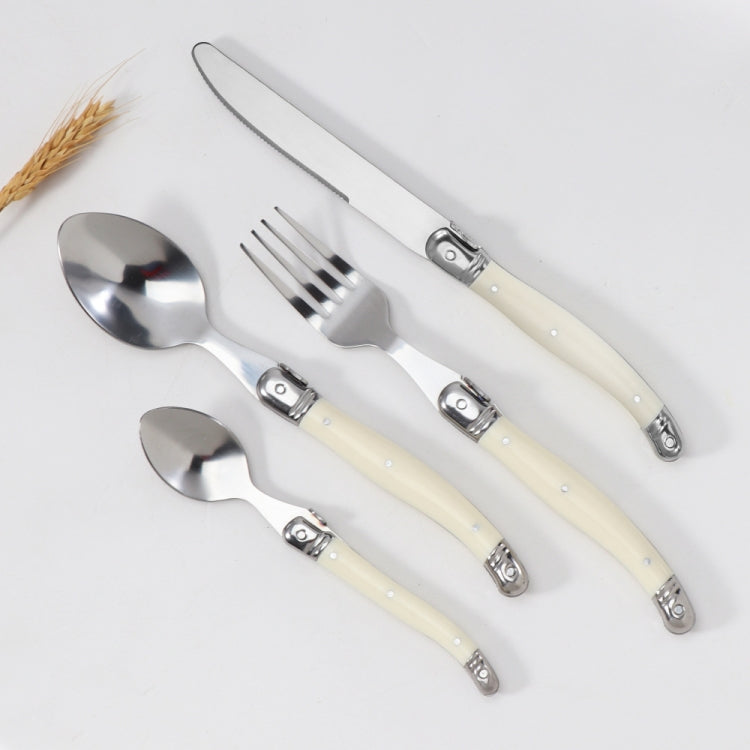 Stainless steel spoon and fork set with cream plastic handles, polished metal heads