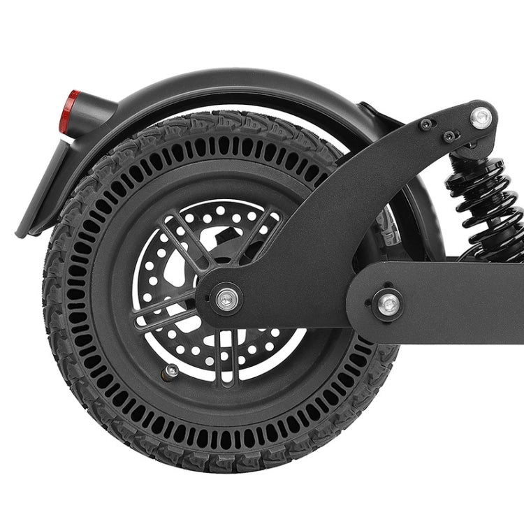 Black scooter front wheel assembly with disc brake rotor and suspension spring