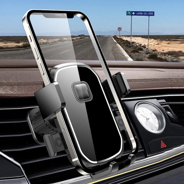 Car air vent phone holder with metal cradle and adjustable arms, mirror black