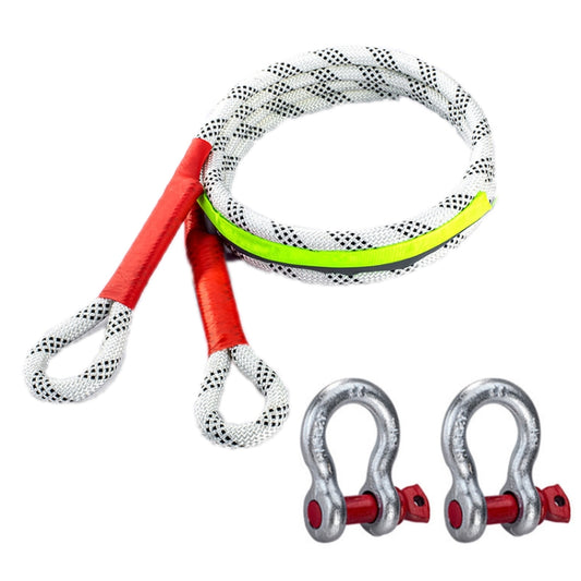 Thickened off-road tow rope with white mesh weave, red sleeves, neon green loop, plus two hooks