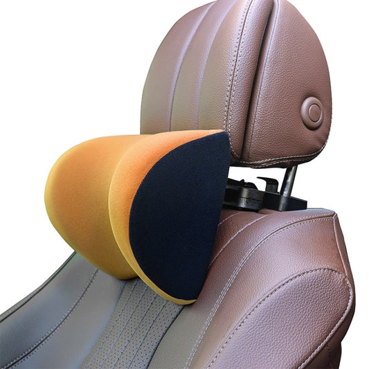 U-shaped car headrest with mustard and dark gray memory-foam inserts and brown bracket