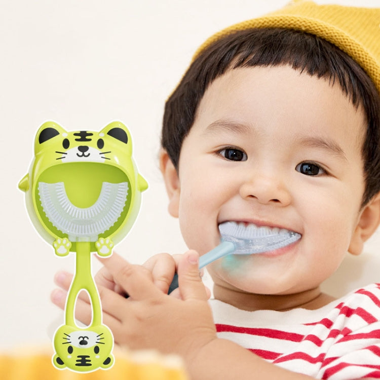 2-pack children’s U-shaped silicone toothbrushes with cartoon tiger handles, green
