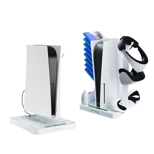 White multifunctional PS console cooling stand with VR headset and controller holders