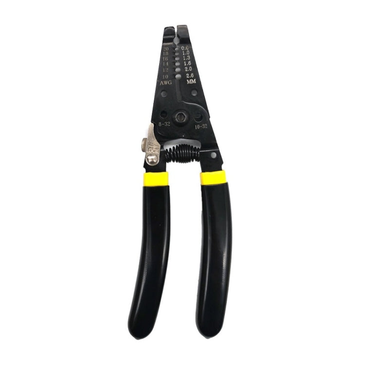 Black-and-yellow crimping pliers with spring handles and die jaw for connectors