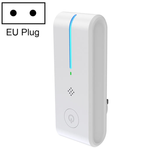 White plug-in air purifier with blue LED indicator and round power button