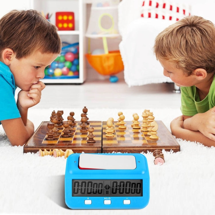 Blue digital chess clock with dual countdown LCD display and white top panel