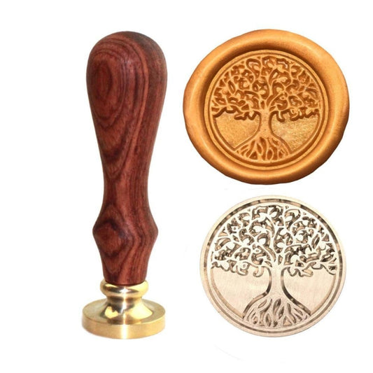 Tree of life wax seal stamp with dark wooden handle and gold-tone round head