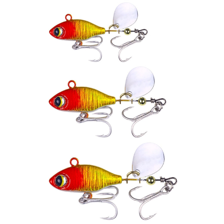 Three sequin fishing lures with spinner blades and treble hooks, red and gold finishes