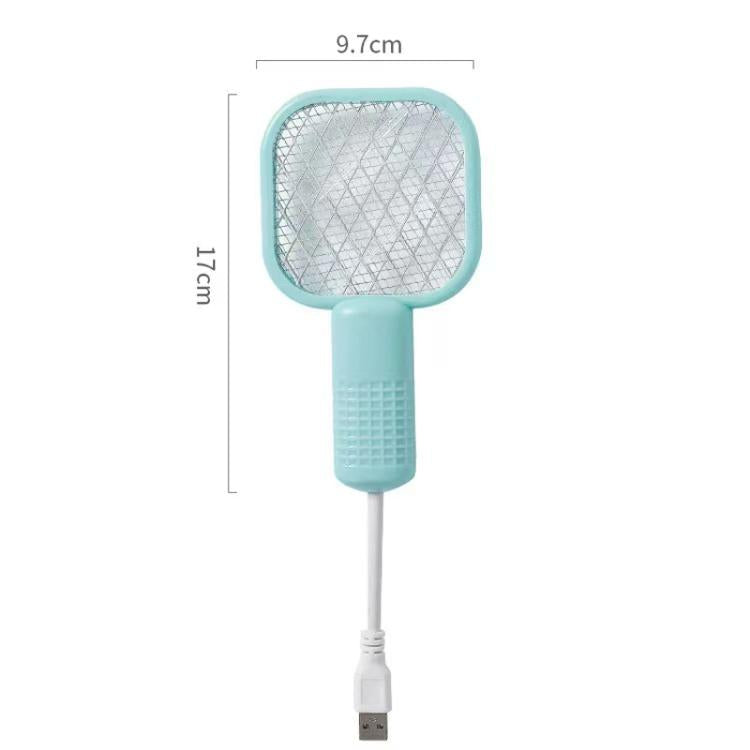 Electric mosquito swatter with USB cable, teal mesh head and light blue handle