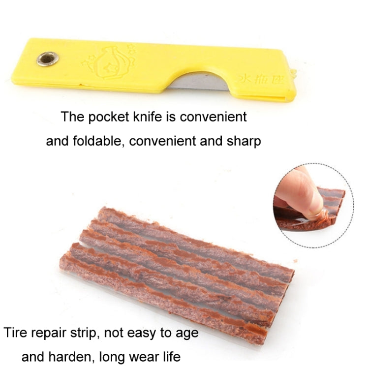 Yellow folding pocket knife with tire repair strip pieces for car tire patching