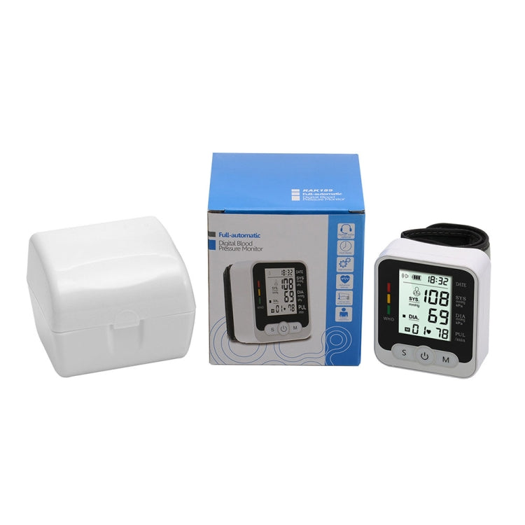 Wrist blood pressure monitor kit with device, cuff, and retail box