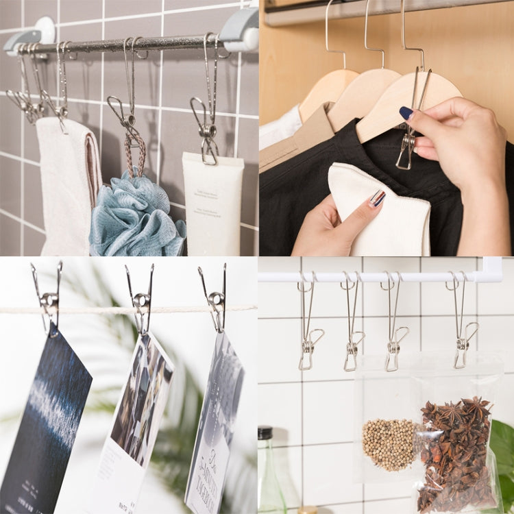 Set of stainless steel drying clips for hanging items from a rod