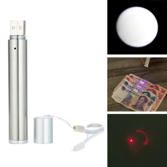 3 in 1 USB Rechargeable Flashlight Infrared Laser Pen Currency Detector Lamp, Silver