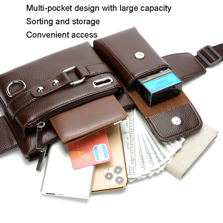 Brown PU waist bag with multiple front pockets holding cards and smartphone