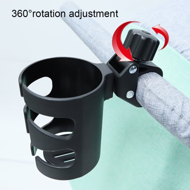Black stroller cup holder with 360° rotation adjustment on handlebar clamp