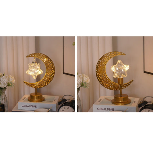 Gold moon LED table lamp with glowing star light ornament, shown from two angles