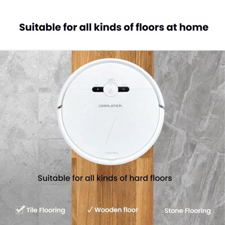 White robot vacuum with top logo and control panel, circular cleaning unit