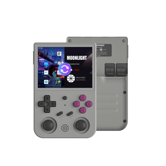 Gray handheld game console with gamepad controls, D-pad, and dual thumbsticks