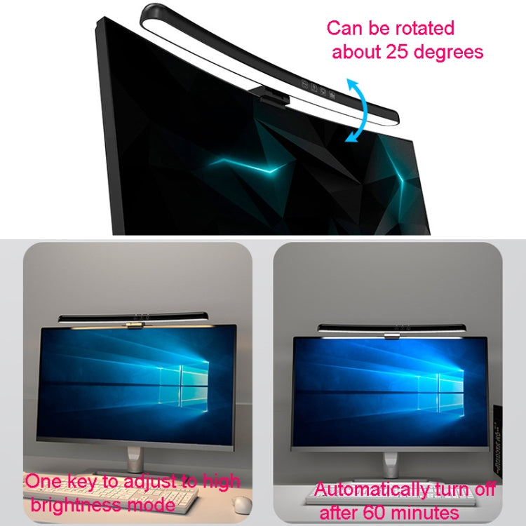 Curved monitor hanging light with clip mount, rotatable arm above monitor