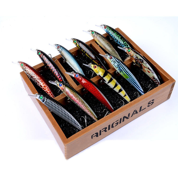 Assorted multicolor hard plastic fishing bait lures in wooden display box with logo