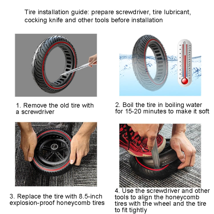 Solid honeycomb scooter tire with red rim stripe shown for installation