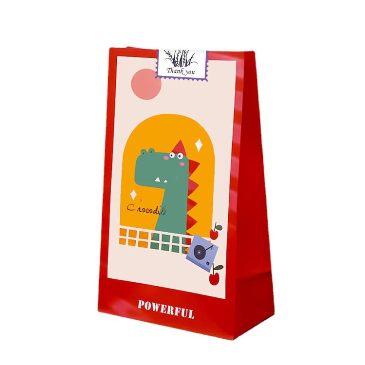 Thank you label sticker on a red gift bag with colorful cartoon graphics