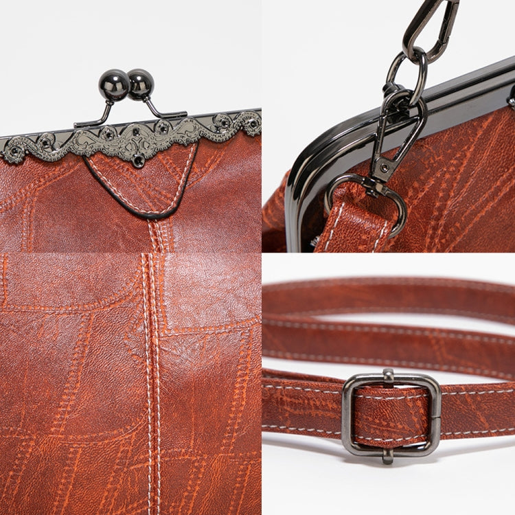 Brown leather crossbody bag details: decorative clasp, stitched texture, adjustable strap buckle