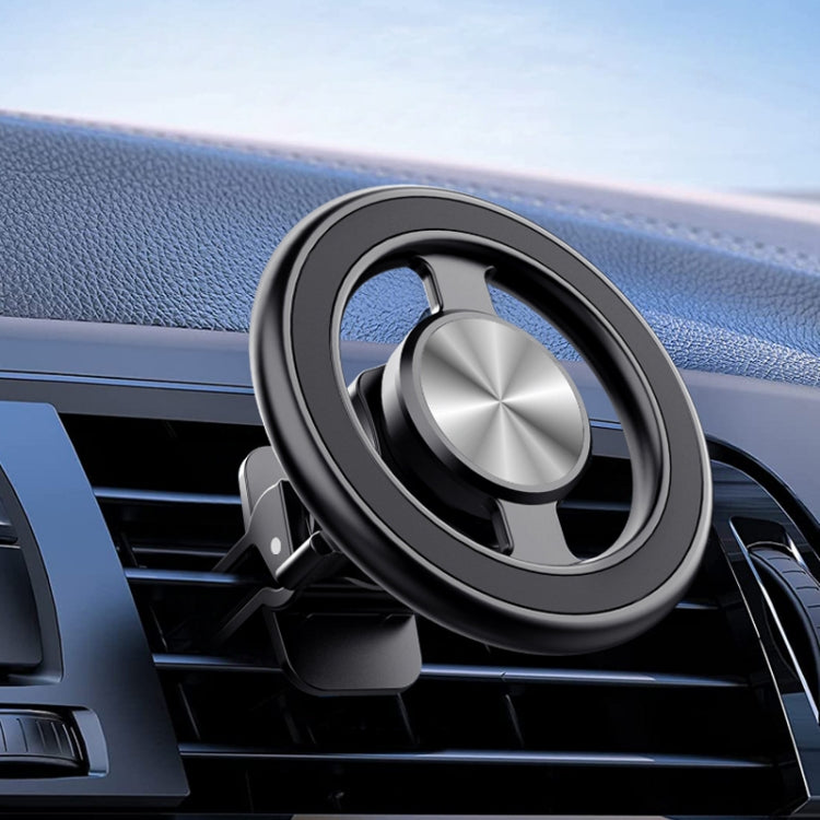 Black car air vent magnetic phone bracket with metal center disk and circular frame