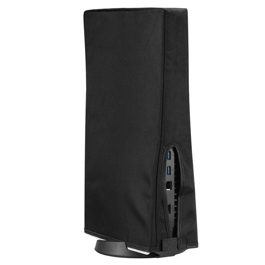 Vertical black console protective cover with front port openings