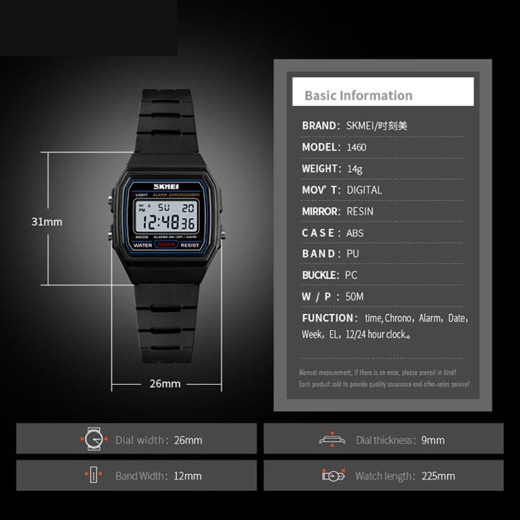 Black digital sports watch with size diagram and measurements