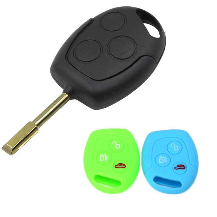 Black car key fob with silicone protector; matching green and blue key covers shown