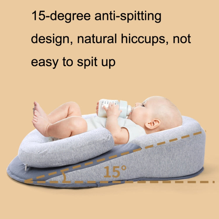 Gray lying feeding pillow with 15-degree slope for baby support