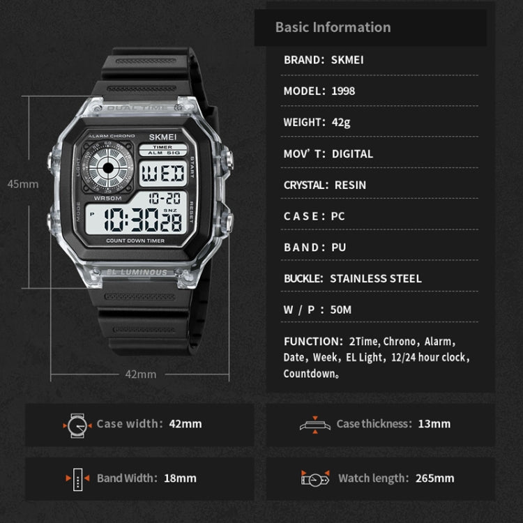 SKMEI digital sports watch front view with size and case dimension graphic