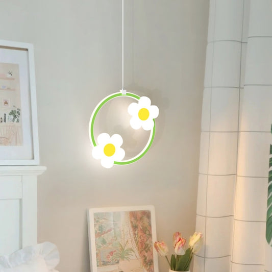 Round green LED pendant chandelier with flower bulb accents, warm white glow