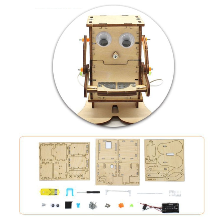 DIY wooden robot kit parts and diagrams, circular close-up of assembled coin feeder