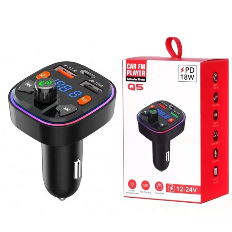Black Q5 car USB+PD Bluetooth FM transmitter charger with retail box and accessories