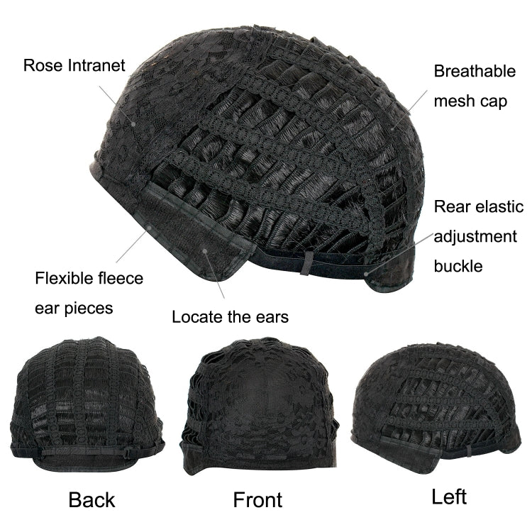 Black wig cap with breathable mesh, flexible fleece ear pieces, rear elastic buckle